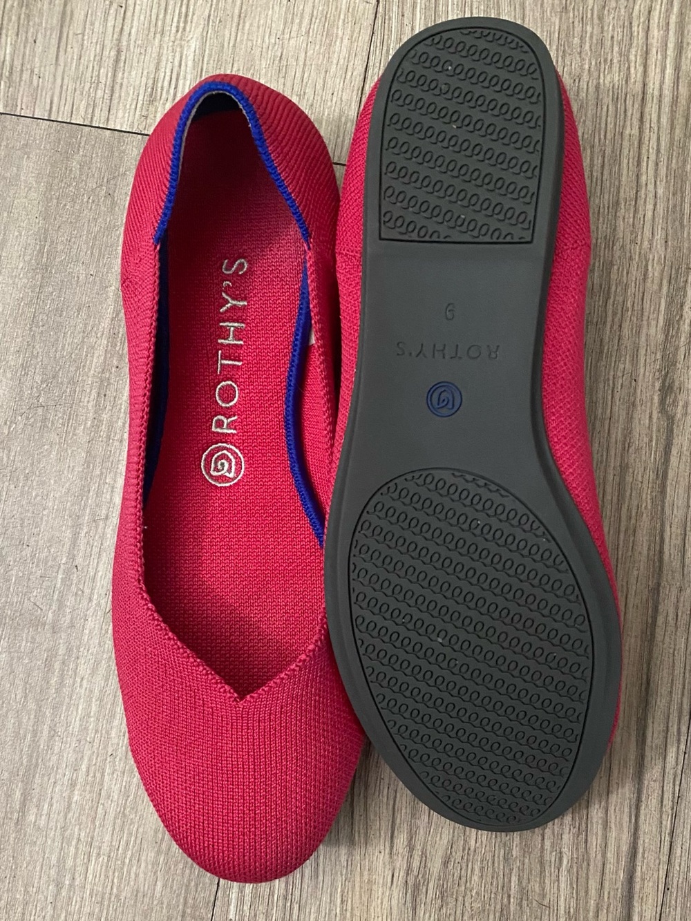 Rothy's Bright Pink Knit V-Cut Flats with Blue Trim - Picture 3 of 12